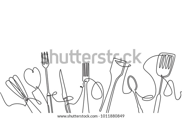 Cooking Seamless Pattern. Outline Cutlery\
Background. One Line Drawing of Isolated Kitchen Utensils. Cooking\
Design Poster. Vector\
illustration.