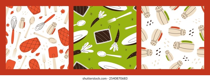 Cozinhar sem emenda conjunto de padrões. Ilustração bonita com ferramentas de cozinha e comida. Fundo moderno com utensílios de cozinha. Ilustração de vetor plano.