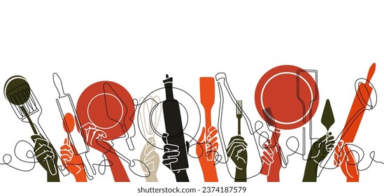 Cooking Seamless Pattern.Cutlery Background. One Line Drawing of Isolated Kitchen Utensils. Restaurant Design Poster. Vector illustration.