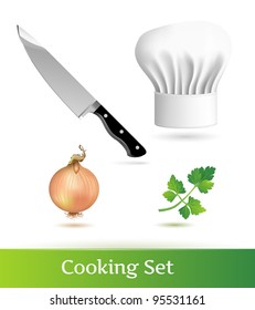 Cooking set with chef's hat, knife, onion and parsley