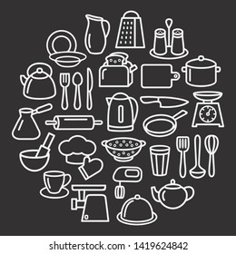 Cooking set in circle template of modern thin line icons home tableware, household and kitchen utensils for banner