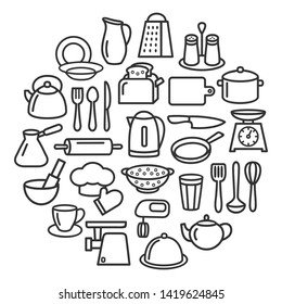 Cooking set in circle template of modern thin line icons home tableware, household and kitchen utensils for banner