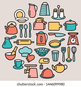 Cooking set in circle template of modern thin line color icons home tableware, household and kitchen utensils for banner