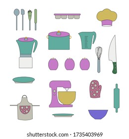 Cooking set in circle template of modern thin line icons home tableware, household and kitchen utensils for banner