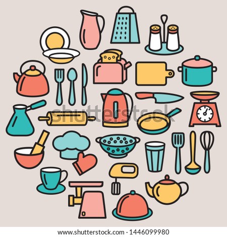Cooking set in circle template of modern thin line color icons home tableware, household and kitchen utensils for banner