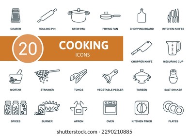 Cooking set. Creative icons: grater, rolling pin, stew pan, frying pan, chopping board, kitchen knifes, chopper knife, measuring cup, mortar, strainer, tongs, vegetable peeler, tureen, salt shaker