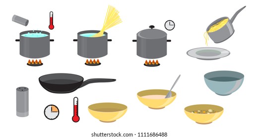 Cooking Set of different icon set for kitchen, restaurant or menu. Cooking and preparation icons. Vector elements on a white background.