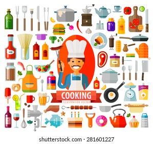 cooking. set of elements - chef, food, pan, frying pan, wine, coffee, cup, plate, kitchen, kettle, tools, jam, dessert, cake, barbecue, dough, meat, bread, spices, vegetables and other