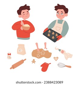 Cooking set. the guy cooks. Cooking gingerbread. A set of cooking illustrations. christmas