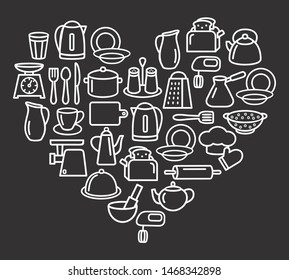 Cooking set in heart template of modern thin line icons home tableware, household and kitchen utensils for banner