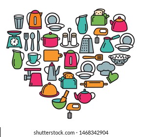 Cooking set in heart template of modern thin line icons home tableware, household and kitchen utensils for banner
