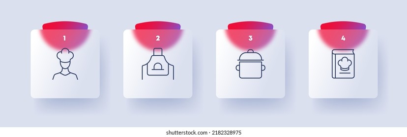 Cooking set icon. Cook, chef, apron, saucepan, cookbook, cap, lunch, restaurant, dinner, cook, food, delicious, dish. Kitchen concept. Glassmorphism. Vector line icon for Business and Advertising.