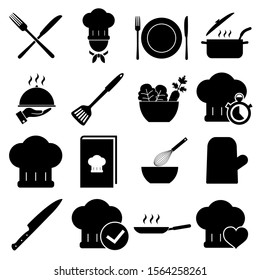Cooking set icon, logo isolated on white background. Cook, plates , pans and other kitchen utensils, all for cooking.