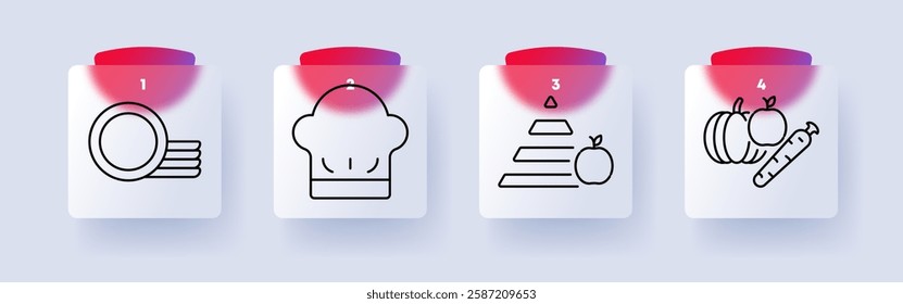 Cooking set icon. Plates, chef hat, food pyramid, vegetables, nutrition, culinary, kitchen, dining, fresh ingredients, healthy eating, meal preparation, restaurant, balanced diet