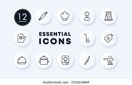 Cooking set icon. Rolling pin, chef, chef's hat, menu, glove, saucepan, ladle, knife, frying pan, food, dinner. Eating concept. Neomorphism style. Vector line icon for Business and Advertising