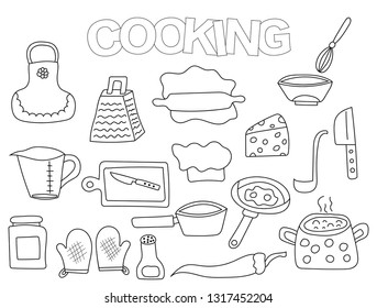 Cooking set of icons and objects. Hand drawn doodle kitchen supplies design concept. Black and white outline coloring page game. Monochrome line art. Vector illustration.