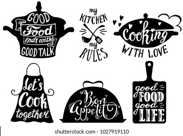 Cooking set with kitchen utensils and cuisine short phrases and quotes. Vector vintage hand drawn illustration.