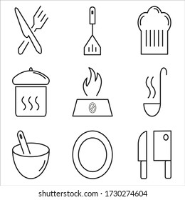 Cooking set line icons : spoon and fork, spatula, chef hat, cauldron, stove, ladle, bowl, plate, knife