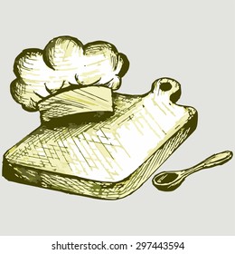 Cooking set: spoon, cutting board, chef hat. Vector Image