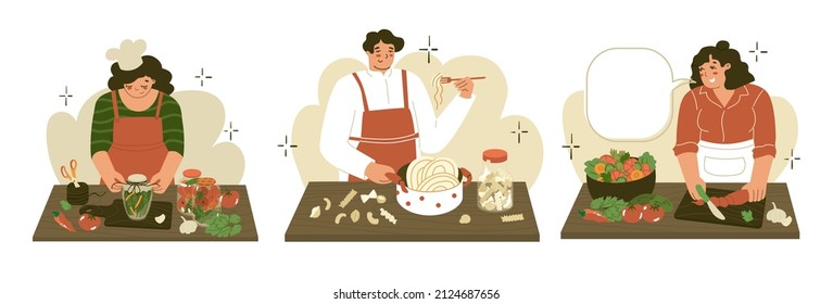 Cooking. set with three scenes on the kitchen. Woman makes salad, girl preparing Home canning, man cooks pasta. Food blogging concept. Flat style in vector illustration.