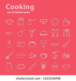 Cooking. Set of vector icons. Line art. Tableware.