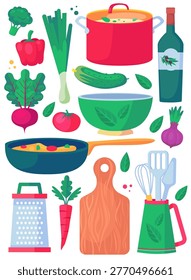 Cooking set with vegetables, cookware and utensils. Bright flat vector collection for healthy food, recipes, kitchen design, packaging, stickers and home lifestyle projects.