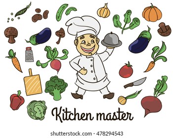 Cooking set. Vegetables, cutlery, cook. Doodle, hand drawn. 