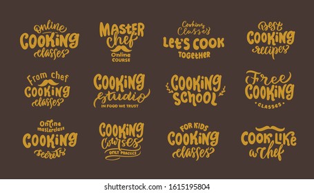 Cooking. Set of vintage retro handmade badges, labels and logo elements, symbols, phrases, slogans for cooking school, sooking studio, bakery shop. Vector illustration