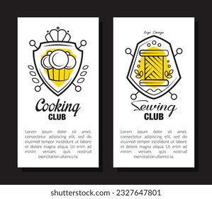 Cooking and sewing club card templates set. Cooking or sewing class, food studio, tailor shop banner vector