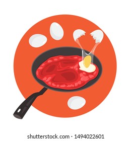 Cooking shakshuka in frying pan. Morning tasty meal with egg, tomato and pepper. Delicious traditional food. Lunch or dinner dish. Vector illustration in cartoon style