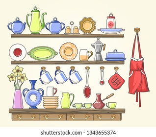 Cooking shelf. Shelves with vintage kettle dishes glass sugar jar cans hanging on hooks rustic kitchen sketch vector illustration