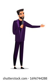 Cooking show anchorman talking in microphone. Culinary program TV presenter at work. Bearded man character wearing stylish suit isolated on white background. Journalist interview. Performance