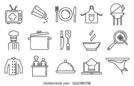 Cooking Show Bakery Icons Set. Outline Set Of Cooking Show Bakery Vector Icons For Web Design Isolated On White Background