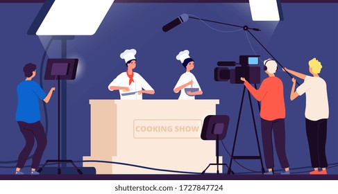 Cooking show. Chef live tv entertainment. People in uniform cook on kitchen. Flat shooting with spotlights in restaurant vector illustration
