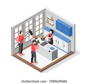 Cooking show colored and isometric composition cooking on camera in large bright studio vector illustration