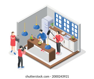 Cooking show colored isometric composition program host prepares a dish in front of cameras and camera crew works around him vector illustration