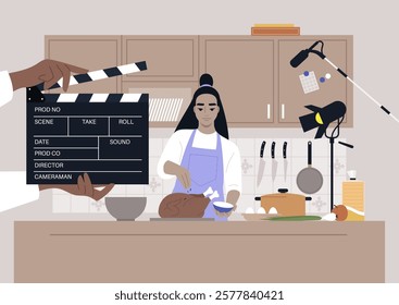 A cooking show is in full swing as an enthusiastic chef prepares a delicious dish in a modern kitchen, Lights and cameras capture the creative process amid vibrant ingredients