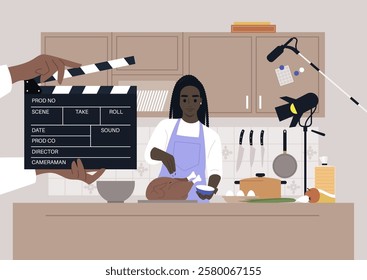 A cooking show is in full swing as an enthusiastic chef prepares a delicious dish in a modern kitchen, Lights and cameras capture the creative process amid vibrant ingredients