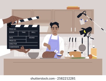 A cooking show is in full swing as an enthusiastic chef prepares a delicious dish in a modern kitchen, Lights and cameras capture the creative process amid vibrant ingredients