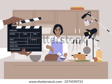 A cooking show is in full swing as an enthusiastic chef prepares a delicious dish in a modern kitchen, Lights and cameras capture the creative process amid vibrant ingredients