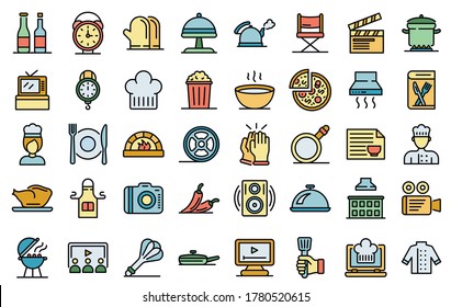 Cooking Show Icons Set. Outline Set Of Cooking Show Vector Icons Thin Line Color Flat On White