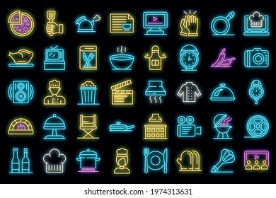 Cooking Show Icons Set. Outline Set Of Cooking Show Vector Icons Neon Color On Black