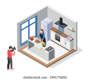 Cooking show isometric composition cameraman with video camera filming chef cooking for a show vector illustration