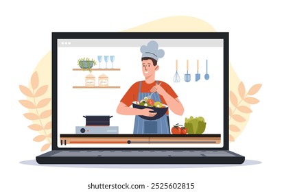 Espectáculo de cocina en el portátil. Hombre en chefs que prepara ensalada. Educación y aprendizaje en preparación de alimentos. Curso y lección online. Ilustración vectorial plana aislada sobre fondo blanco