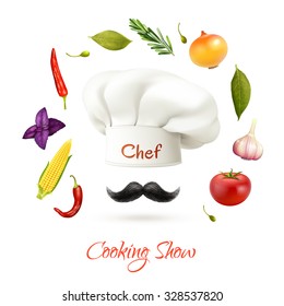 Cooking Show Realistic Concept With Chef Hat Mustache And Ingredients Isolated Vector Illustration 