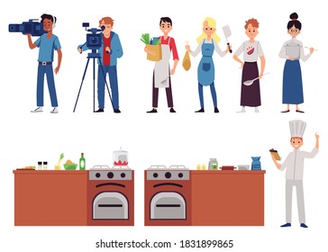 Cooking show set - contestants, filming crew and kitchen station collection isolated on white background. Cartoon people at culinary competition, vector illustration.