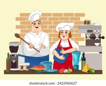 Cooking show. Two chefs in the kitchen preparing food. Fun cartoon characters.