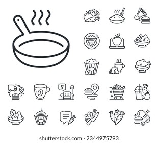 Cooking sign. Crepe, sweet popcorn and salad outline icons. Frying pan line icon. Food preparation symbol. Frying pan line sign. Pasta spaghetti, fresh juice icon. Supply chain. Vector