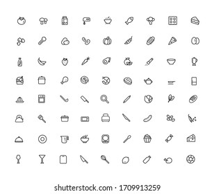 Cooking simple black line icon set  vector illustration. Contains icons such as tableware,  appliances, vegetables, fruits, meat, cooking ingredients, cutlery and more.