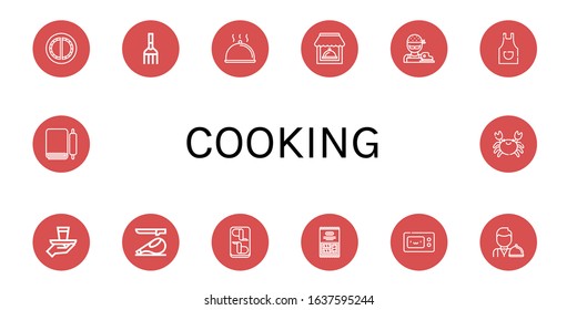 cooking simple icons set. Contains such icons as Cheburek, Fork, Cloche, Restaurant, Butcher, Apron, Serve, Ham, Chicken wings, Marshmallow, can be used for web, mobile and logo